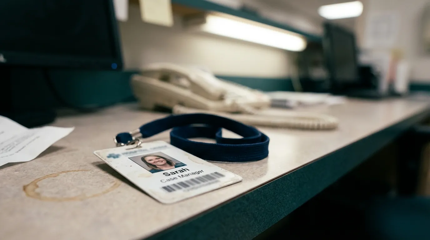 Hospital case manager ID badge and lanyard left behind on a desk with a coffee ring stain and phone in the background