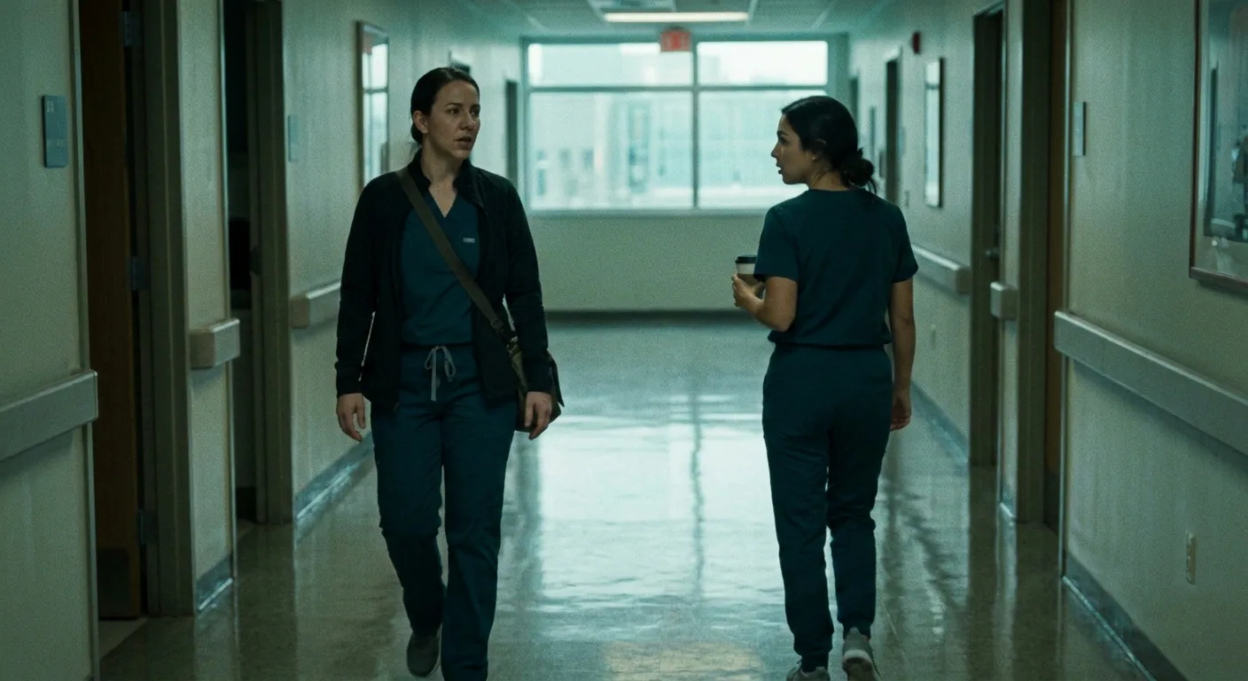 Two hospital case managers talking as they walk down a corridor between patient rooms.