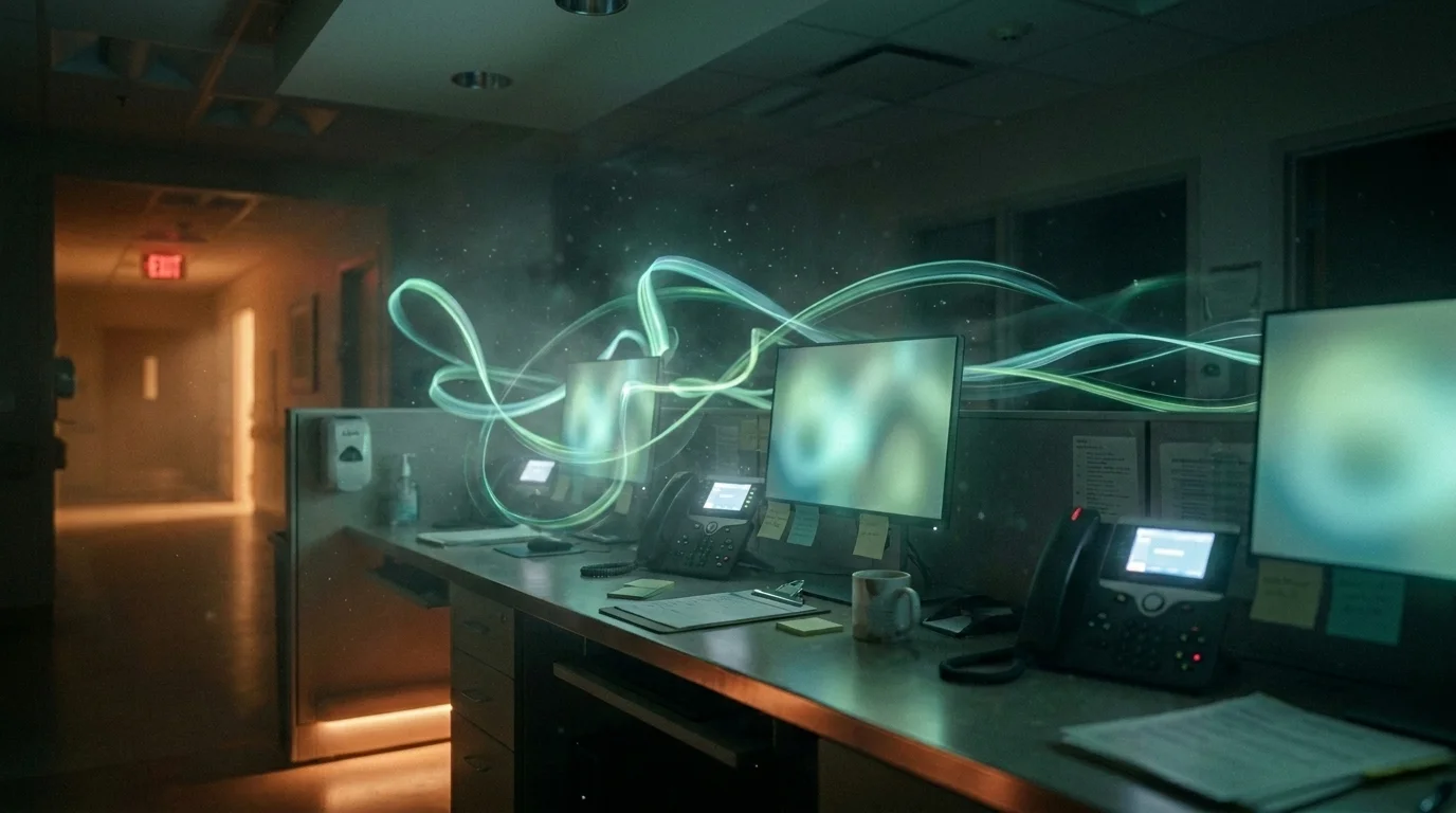 A hospital case manager workstation while routine coordination tasks run in the background.