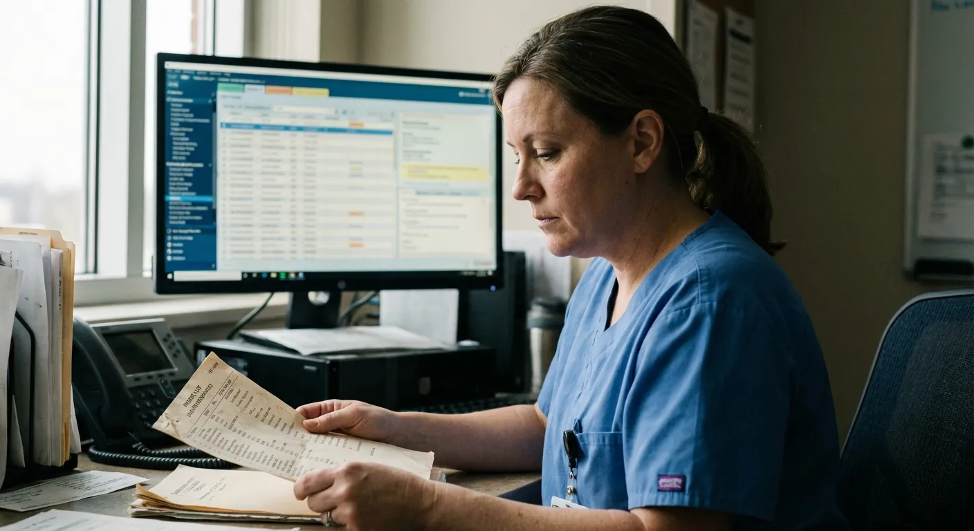 Case manager reviewing patient discharge plan at a hospital workstation