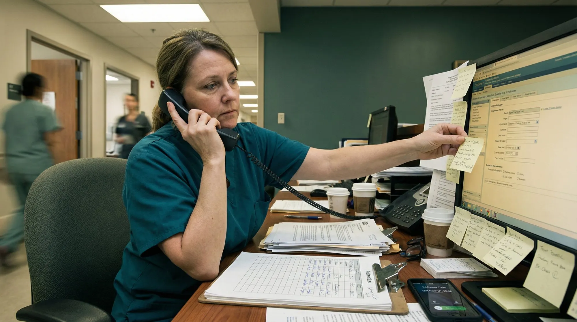Hospital case manager on the phone at a cluttered workstation covered in sticky notes and patient lists